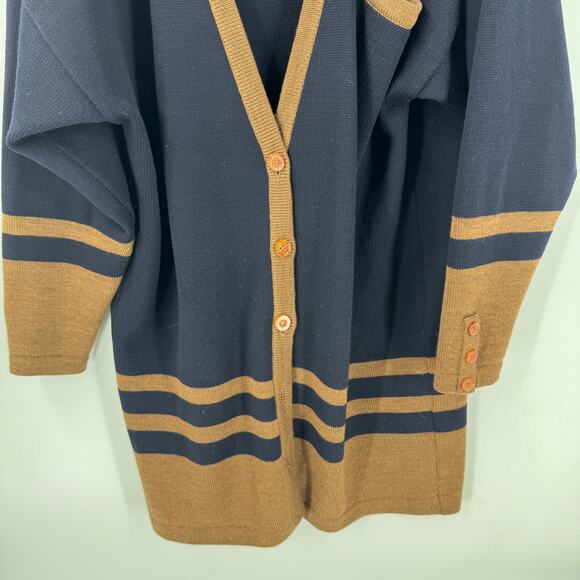 Louis Feraud Navy Blue Brown 100% Wool Button Down Long Line Cardigan Size US 12 - Picture 5 of 10